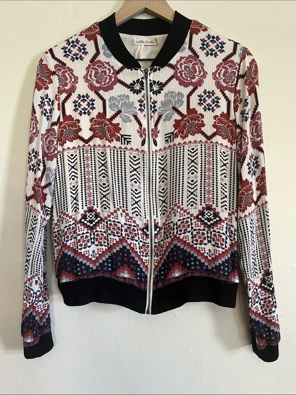 Chloe & Katie Floral Geo Zip Bomber Jacket - (has pockets)